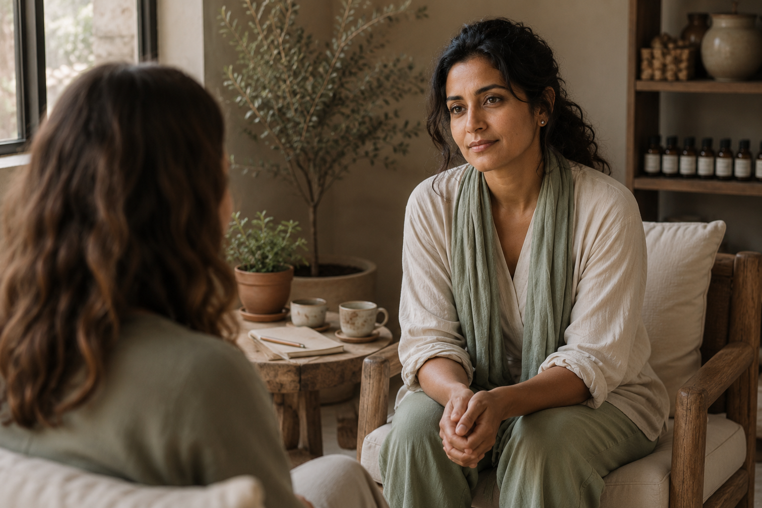 Maya Patel in a 1:1 client consultation, leaning in to listen