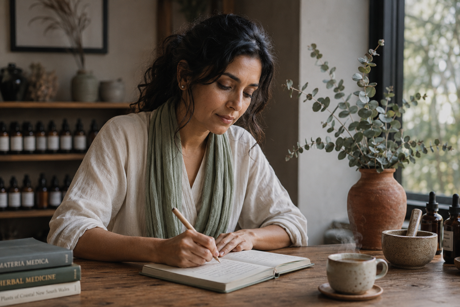 Maya Patel writing client notes in her Marrickville studio