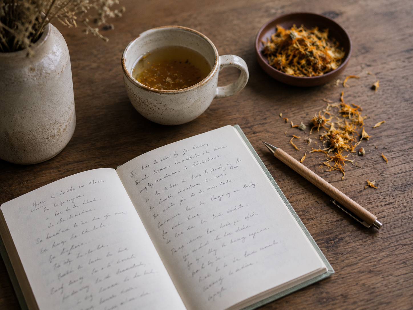 Detail of an open intake notebook with handwritten case notes, dried herbs and a glass kettle on a Marrickville clinic timber table