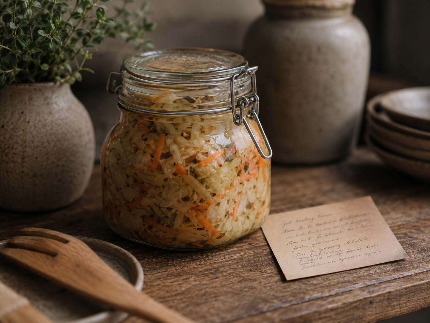 Detail of fermenting jars, fresh ginger and a notebook on a calm clay-coloured benchtop