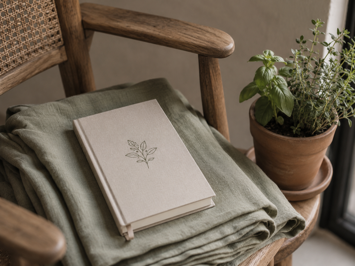 Soft documentary moment of a postpartum wellness setup, a folded muslin wrap, herbal tea and a small notebook in warm afternoon light