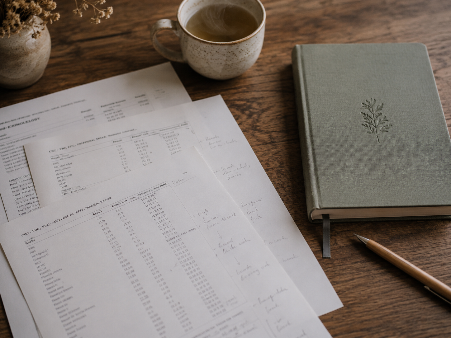 Pathology test pages laid alongside a notebook, magnifier and pen in calm window light, soft Marrickville clinic register
